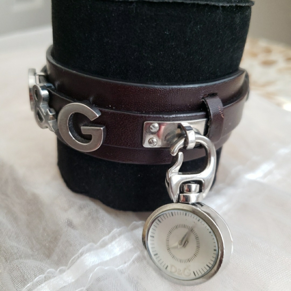 D&G Dark Brown Leather Wrap Watch with Silver Charm